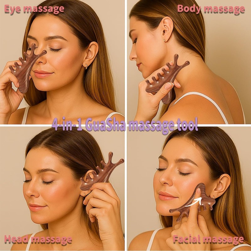 4-in-1 Gua Sha Massage Tool, Natural Wood Face Massager