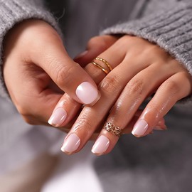 Pink Press on Nails Square Short False on Nails Gold Border French Tip Press on Nail Pink Short Fake Nail Reusable Stick On Nails Handmade Full Cover Acrylic Nails Stick on Nails for Women 24pcs