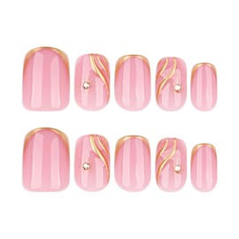 Gold French Press on Nails Short Square Fake Nails Nude 3D Gold Line False Nails Design Glossy Full Cover Glue on Nails for Girls Manicure Art Decoration Accessories 24 Pcs