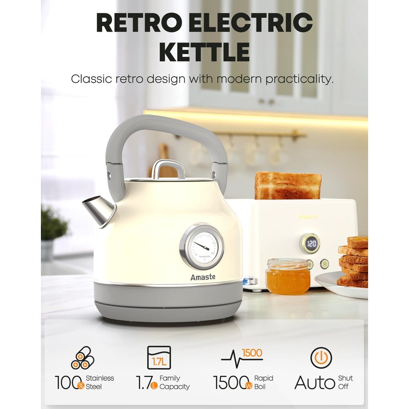 Amaste Electric Kettle, Retro Electric Tea Kettle With Thermometer, 57