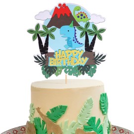 1 decoración de dinosaurio para tarta de feliz cumpleaños con volcán, hojas de palma, árbol, nube, dinosaurio para decoración de tartas con temática de dinosaurio, baby shower, niños y niñas