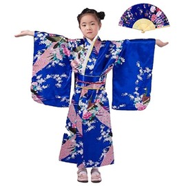 CRB Girls Kimono Japanese Costume Gown Outfit Dress 4 Piece Set (Height 150cm, Blue)