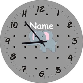 Shirtinstyle Kinderzimmeruhr mit Tiermotiv Elefant mit Wunschnamen Geschenk Uhr Kinder Handmade Wanduhr Wunschtext Name, 29cm, Farbe Grau