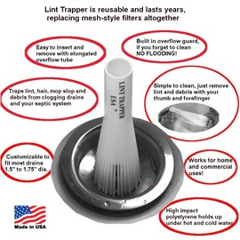 Lint Hair Trapper for filtering Washing Machine Utility Tub and Sink drains-reusable and customizable with built-in overflow guard. Traps Lint, hair and debris from drains, replaces all Mesh filters
