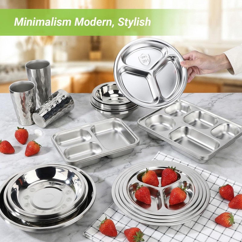 Offiper 304(18/8) Stainless Steel Compartment Plates, 2 Pack 9.4” Medium