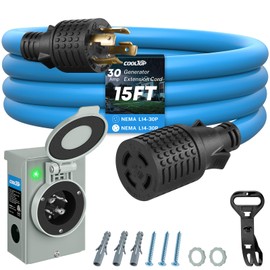 COOLTOP 30 Amp Generator Cord and Power Inlet Box Kit, 15FT 4 Prong Generator Extension Cord 10 Gauge Cable 125/250V NEMA L14‑30P to L14‑30R Pre-Drilled Inlet Box Emergency Power Kit, ETL Listed