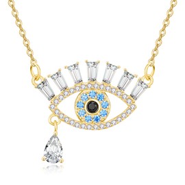 KINGWHYTE Evil Eye Necklace 925 Sterling Silver Turkish Evil Eye Pendant For Women Gold Rhinestone Teardrop CZ Eye Necklace Protection Amulet Luck Jewelry