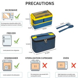 Lunch Box, 1400ml Bento Box with Spoon Fork, Stackable 2 Layer 3 Compartments Leak Proof, Meal Prep Container with Insulated Lunch Bag for Adults Kids Students Office (Blue)