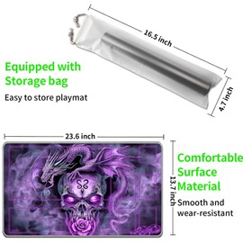 JANENFNA Playmat 24" x 14" with Magic Zones for MTG Card Game Playing, Board Game Mat for Card Breaking Commander Deck Gaming Card Game Battles Mat with Storage Bags, Purple Dragon Skull Rose