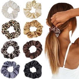 LIHELEI LIHELEI 8PCS Women Hair Scrunchies, Leopard Silk Satin Ponytail Holder, Solid Color Elastic Hair Bands Scrunchy Hair Ties Ropes for Women Girls Ladies