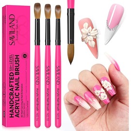 SAVILAND Acrylic Nail Brushes Set: Sizes 8, 10, 14 Nail Brushes for Professional Acrylic Powder Applications, Nails Extension, 3D Carving for Home Salon DIY Nail Art Brush Manicure Acrylic Tools Pink