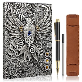 Vintage Embossed Phoenix 3D Notebook Travel Writing Journal with Black Ballpoint Pen and Pen Sleeve, Antique Handmade Leather A5 Travel Diary, Daily Notepad Sketchbook, Suitable for Women&Men (Silver)