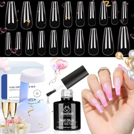 beetles Gel Polish - Kit de uñas de gel para uñas y pegamento Beetles, gel de uñas y gel base 2 en 1 con 500 piezas de puntas de ataúd y lámpara LED, kit de uñas acrílicas para manualidades, kit fácil de extensiones de uñas