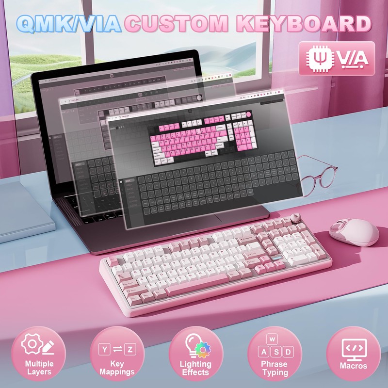 YUNZII B98 PRO 96% Wireless Mechanical Keyboard(Pink, Candy Switch)
