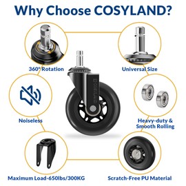 COSYLAND Office Chair Wheels Set of 5 - Rubber Roller Blade Castors for Office Chairs - Rolling Chair Wheels for Hardwood Floors Smooth & Silent Gliding, Fits for Most Chairs (Black)