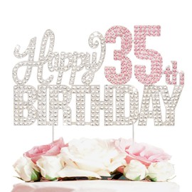 Nelbiirth Decoración para tartas con diamantes de imitación plateados y rosados de 35 años, diseño de «Cheers to 35th Birthday» de metal brillante para decoración de tartas.