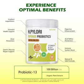 Helicobacter pylori Defense Probiotics – Formulated with Lactobacillus reuteri, Mastic Gum, and Berberine, 100 Billion CFU, gastritis, digestion & gut health for stomach comfort, Vegan, 120 capsules.