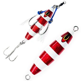 5" Eddie Bomb Vertical Flat Fall Jigs, 2 Pcs Red Zebra Glow 16oz Rigged & Unrigged, for Offshore Tuna Jigging, Includes Heavy-Duty Jig Bodies, Ideal for Bluefin Tuna & Big Game Saltwater Fishing