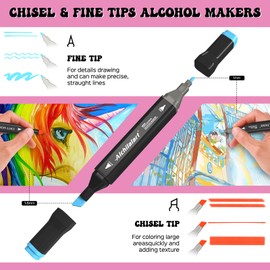 alchilalart 100 color alcohol base markers, alcohol marker set with base, double head alcohol sketch drawing markers animation for adults and children