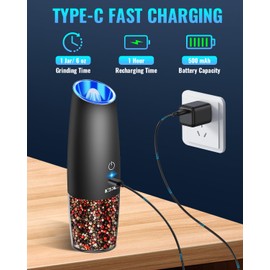 XinXu Rechargeable Pepper and Salt Grinder Set, whit Gravity Sensing Switch and LED Light, One Hand Automatic Operation -Black/2 Pack
