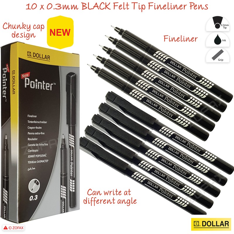 DOLLAR Pointer Plus BLACK Fineliner Fine Line Pens (10 x