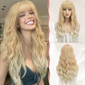 Sofeiyan 26 Inch Long Wavy Hair Wigs for Women, Ombre Blonde Wigs with Fringe, Natural Curly Synthetic Hair, Heat Resistant Wig for Party/Daily Use