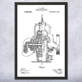Framed Internal Combustion Engine Print, Science Class Art, Teacher Gift, Steam Punk Decor, Engine Blueprint Black & White (12x16)