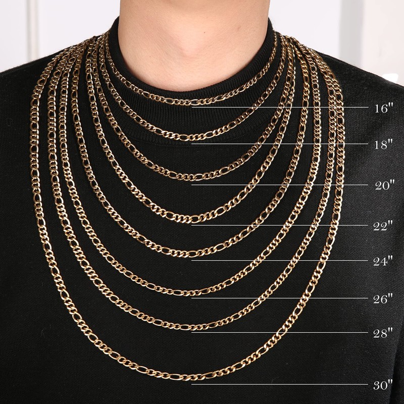 HZMAN Men Women 24k Real Gold Plated Figaro Chain Stainless