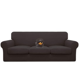 Easy-Going 100% Dual Waterproof 4 Pieces Stretch Soft Couch Cover for Dogs, Sofa Slipcover for 3 Separate Cushion Couch Leakproof Furniture Protector for Kids, Pets Chocolate