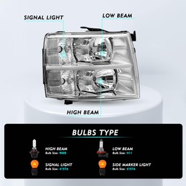 TUSDAR Fits for 2007-2013 Chevy Silverado 1500/2007-2014 Silverado 2500HD 3500HD Headlights Assembly Pair Set No Fogging OE Style Factory Replacement Chrome Housing & Clear Reflector
