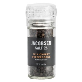 Jacobsen Salt Co. Tellicherry Peppercorn Grinder - Fresh Black Whole Pepper with Grinder, Manual, Great for Seasoning Steak & Chicken, Grilling Meat, Prefilled & Refillable - 1 oz (Pack of 1)