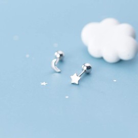 Minimalist Moon Star Cartilage Stud Earrings S925 Sterling Silver Fashion Small Tiny Earring Studs Asymmetrical Tragus Screw Back Ear Piercing for Women Girls