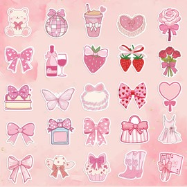 100PCS Coquette Stickers Pink Aesthetic Stickers Pack Cute Bow Tie Stickers for Girls Pink Sticker for Laptop Vinyl Waterproof Stickers Aesthetic Decals