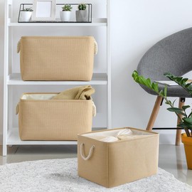 TheWarmHome Storage Basket Decorative Storage Basket Closet Basket with Handles Dog Toy Basket Cloth Baskets for Storage Rectangular Storage Basket (Beige, Extra Large-3Pack,17L×13.8W×9.8H)