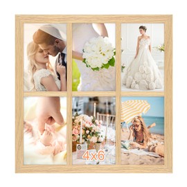 MOUDAMION 4x6 Oak Wood Picture Frames Collage Wall Decor Natural Woodgrain, Solid Oak Wooden Family Photo Collage Frame 6 Openings, Glass Front, Wall Hanging Display 6 4x6 Pictures