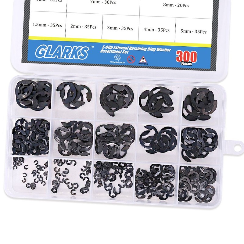 Glarks 300-Pieces 10 Size Black Alloy Steel E-Clip External Retaining