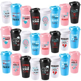 FillTouch 24 Pcs Nurse Appreciation Gifts Plastic Tumblers Nurse Week Gift Bulk 16 oz Reusable Coffee Cup with Lid Thank You Gifts for Women Practitioner 2025 RN Graduation Party Supplies(Classics)