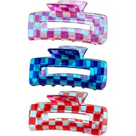 Checkered Hair Claw Clips, Large Multicolored Checkered Rectangle Hair Clip for Women Acrylic Claw Jaw Barrettes Plastic Styling Clamps Accessories for Thin, Thick Hair (3 Pack)