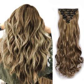 Clip In Hair Extensions Long Wavy 7 PCS Invisible Clip Thick Hairpieces Piece Soft Full Head Synthetic Fiber for Women, 22 Inches (Mixed Brown Gold)