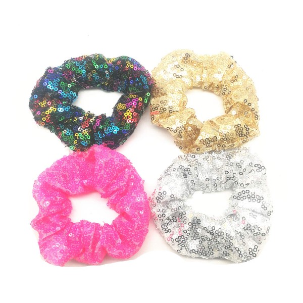 PNEIFON 4Pack Hair Scrunchies, Sequin Scrunchies Elastic Stretch Sparkly Glitter Fashion Scrunchie Hair Tie Ponytail Holders Bun Cover for Girls and Women (style1)