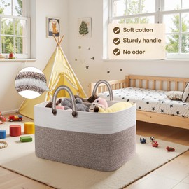 OIAHOMY 95L Large Blanket Basket, 24”x16”x15” Rectangle Woven Baskets For Storage, Nursery Blanket Storage Living Room, Toy Box With Long Handle-Gradient Brown With White