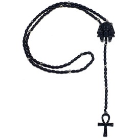 GWOOD Pharaoh with Ankh Wood Bead Rosary Black Color 31 Inch Long Necklace