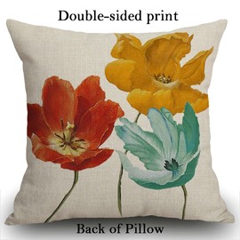 Smooffly Cotton Linen Square Decorative Cushion Cover Enchanting Beautiful Tricolor Orange Red Yellow Blue Poppy Flowers Gift Anniversary Day Present Throw Pillow Case 18"X18" 45 x 45 cm