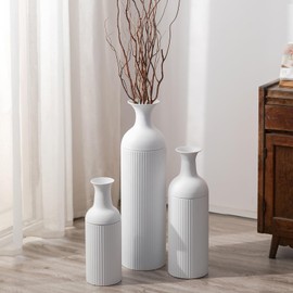 Sziqiqi White Tall Floor Vase: Large Ribbed Metal Floor Vases for Living Room 27/20/16in Modern Floor Vases for Pampas Grass Oversized Vase Floor Standing for Fireplace Home Corner Hallway Office