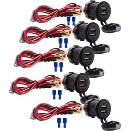 [5 Pack] 12V USB Outlet, Dual USB Quick Charger Socket Waterproof Power Outlet 12V/24V 2.1A & 2.1A for Car Golf Cart Boat Marine Bus Truck RV Marine Motorcycle, Blue LED