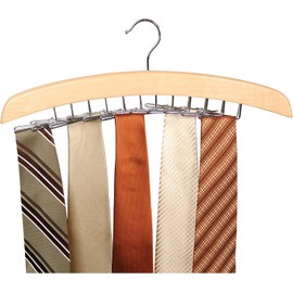 Richards Wooden Tie Rack Hanging Organizer for Mens Closet Accessories, Space Saving Necktie Holder for Storage and Display, Holds 24 Ties, Hook, Natural Wood with Chrome Accents