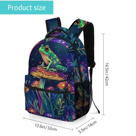 GNEW Funny Frog Sit on Mushroom Backpack for Teens Boys Girls, Green Frog Backpack, Pink Purple Forest Mushroom Bookbag, Water Resistant Travel Laptop Backpack, 16.5 Inch