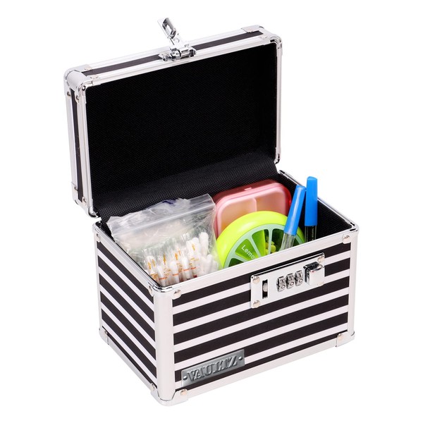 Caja de almacenamiento de medicamentos con cerradura de combinación, 4 x 6 x 4 pulgadas, caja fuerte para gabinete, rayas blancas y negras
