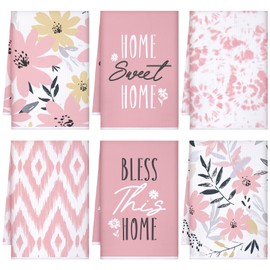 Bencailor 6 Pack Kitchen Dish Towels Sets Farmhouse Hand Towel Microfiber Kitchen Towels Washcloth Absorbent Decorative Tea Dish Towels for Home Supplies 16" x 24" (Pink Color,Romantic Style)