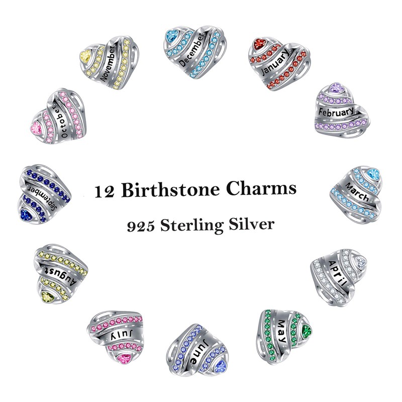 Birthstone Heart Charms for Charms Bracelet-925 Sterling Silver Love Heart